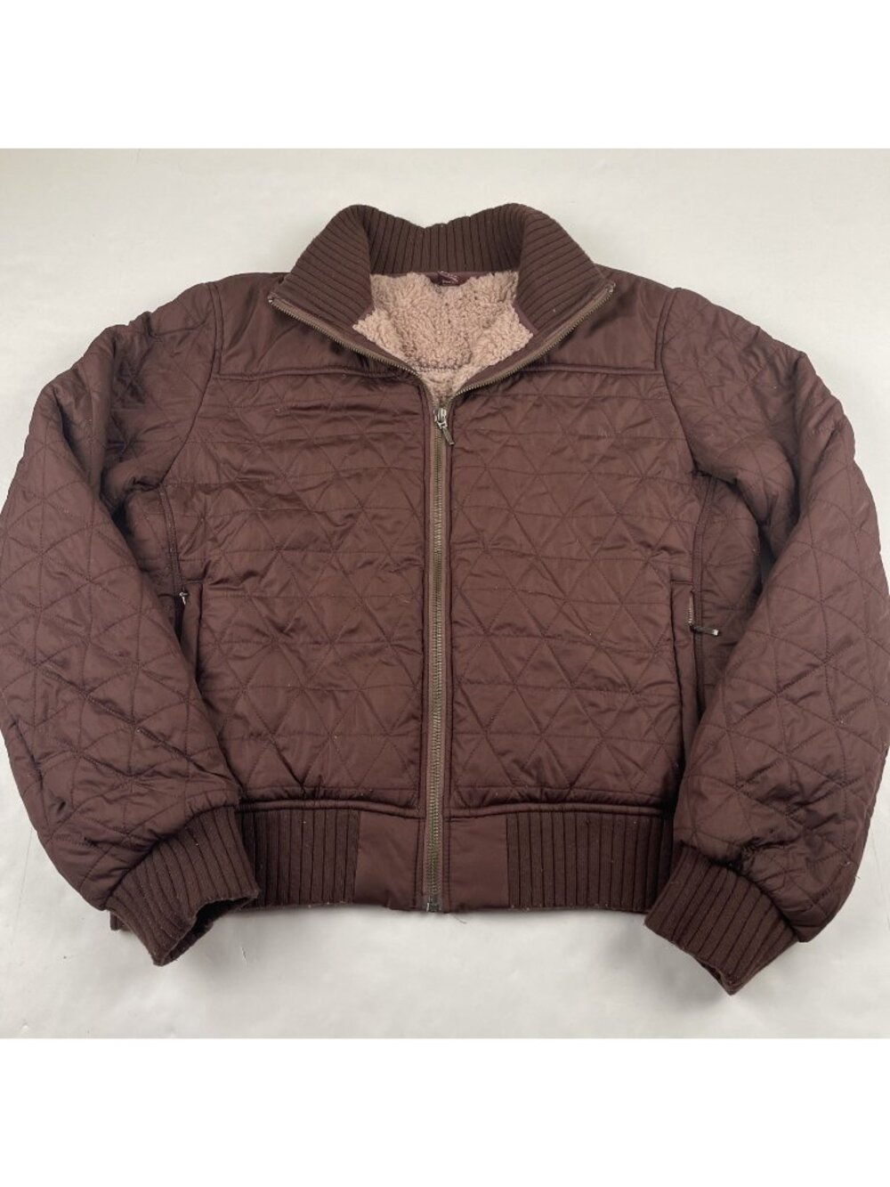 Prana Diva Bomber Jacket Woman’s L Soft Quilted Sherpa Lined Full Zip Brown